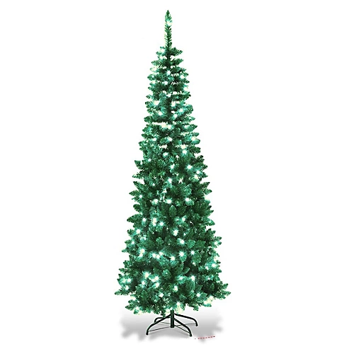 8FT Prelit Green Pencil Christmas Tree White LEDs 1 8FT Prelit Green Pencil Christmas Tree White LEDs