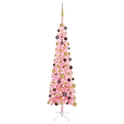 Berkfield Slim Christmas Tree With LEDs&Ball Set Pink 180 Cm