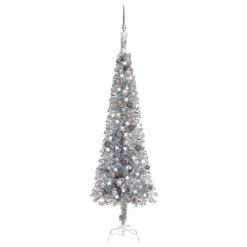 Outlet Christmas Decor Store 14 Berkfield Slim Christmas Tree With LEDs&Ball Set Silver 150 Cm