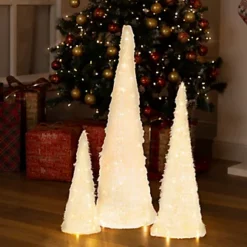 CHRISTMAS VILLAGE Large Christmas Light Up Trees Set With A Timer, 35 LED Warm White Christmas Lights & Decoration- Set Of 3