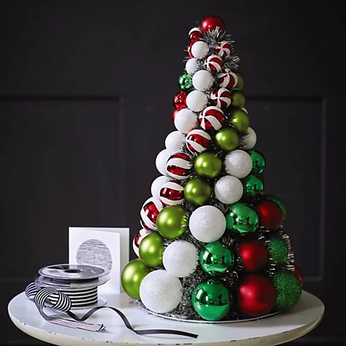 Coloured Bauble & Tinsel Xmas Tree - Red, White & Green Assorted Baubles, Indoor Home Christmas Decoration - H42 X 25cm Diameter 1 Coloured Bauble & Tinsel Xmas Tree - Red, White & Green Assorted Baubles, Indoor Home Christmas Decoration - H42 X 25cm Diameter
