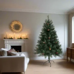 EVRE Artificial Christmas Tree With Pine Cones & Berries 5ft With 200 PVC Tips, Easy Build Hinged Branches & Strong Metal Stand