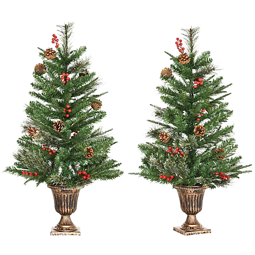HOMCOM 2 Pieces Set 3 Ft Artificial Christmas Tree With 110 Realistic Branches, Pine Cones, Red Berries, Gold Pot 2 HOMCOM 2 Pieces Set 3 Ft Artificial Christmas Tree With 110 Realistic Branches, Pine Cones, Red Berries, Gold Pot - Image 2