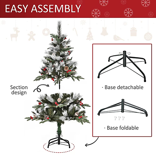 HOMCOM 4FT Artificial Snow Dipped Christmas Tree Xmas Pencil Tree Holiday Home Party Decoration With Foldable Feet Berries, Green 4 HOMCOM 4FT Artificial Snow Dipped Christmas Tree Xmas Pencil Tree Holiday Home Party Decoration With Foldable Feet Berries, Green - Image 4