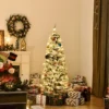 HOMCOM 5 Feet Prelit Artificial Snow Flocked Christmas Tree With Warm White LED Light, Holiday Home Xmas Decoration, Green White