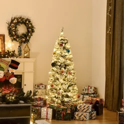 HOMCOM 5 Feet Prelit Artificial Snow Flocked Christmas Tree With Warm White LED Light, Holiday Home Xmas Decoration, Green White