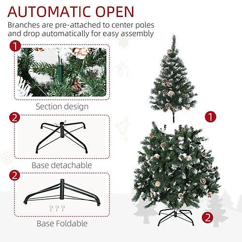 HOMCOM 5FT Artificial Christmas Tree With Pine Cones, Holiday Home Xmas Decoration Automatic Open, Green 4 HOMCOM 5FT Artificial Christmas Tree With Pine Cones, Holiday Home Xmas Decoration Automatic Open, Green - Image 4
