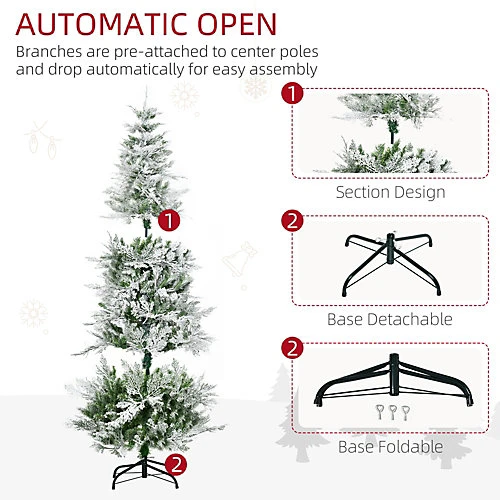 HOMCOM 6 Ft Pencil Snow Flocked Artificial Christmas Tree With Realistic Cypress Branches, Auto Open, Green 4 HOMCOM 6 Ft Pencil Snow Flocked Artificial Christmas Tree With Realistic Cypress Branches, Auto Open, Green - Image 4