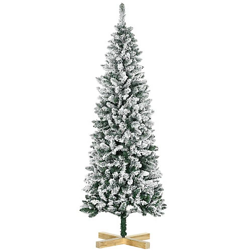 HOMCOM 6 Ft Snow Flocked Artificial Christmas Tree, Xmas Pencil Tree With Realistic Branches, Auto Open, Pinewood Base, Green 2 HOMCOM 6 Ft Snow Flocked Artificial Christmas Tree, Xmas Pencil Tree With Realistic Branches, Auto Open, Pinewood Base, Green - Image 2