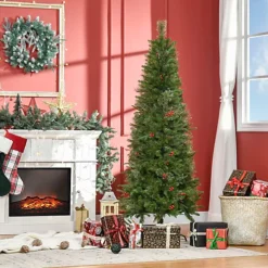 HOMCOM 6ft Pencil Artificial Christmas Tree With Realistic Branches, Red Berries, Auto Open, Green