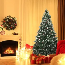 HOMCOM 6ft Snow-Dipped Artificial Christmas Tree W/ Red Berries Metal Base Home Season Decoration Holiday Elegant Traditional