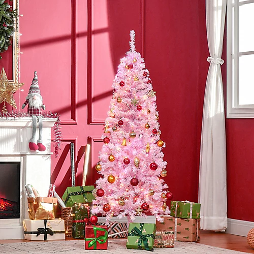 HOMCOM 6FT Tall Prelit Pencil Slim Artificial Christmas Tree With Realistic Branches, Warm White LED Lights And Tips, Pink 1 HOMCOM 6FT Tall Prelit Pencil Slim Artificial Christmas Tree With Realistic Branches, Warm White LED Lights And Tips, Pink