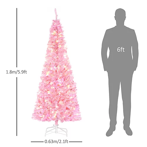 HOMCOM 6FT Tall Prelit Pencil Slim Artificial Christmas Tree With Realistic Branches, Warm White LED Lights And Tips, Pink 3 HOMCOM 6FT Tall Prelit Pencil Slim Artificial Christmas Tree With Realistic Branches, Warm White LED Lights And Tips, Pink - Image 3