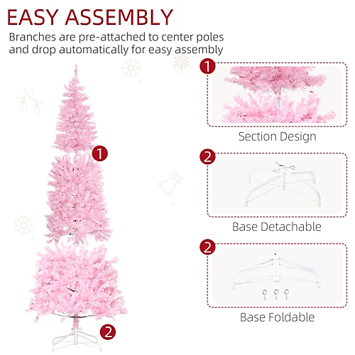 HOMCOM 6FT Tall Prelit Pencil Slim Artificial Christmas Tree With Realistic Branches, Warm White LED Lights And Tips, Pink 4 HOMCOM 6FT Tall Prelit Pencil Slim Artificial Christmas Tree With Realistic Branches, Warm White LED Lights And Tips, Pink - Image 4