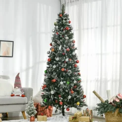 HOMCOM 7 Ft Snow Dipped Artificial Christmas Tree Slim Pencil Xmas Tree With Realistic Branches, Pine Cones, Auto Open, Green