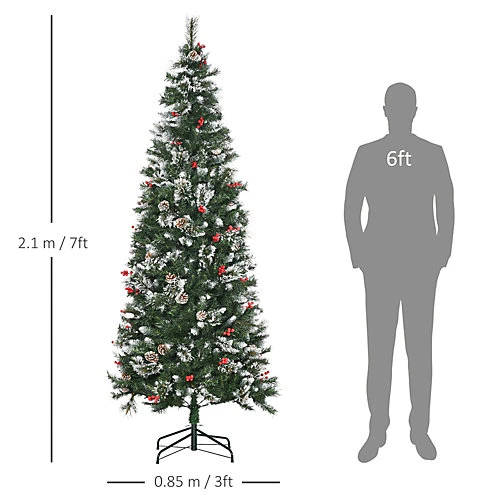 HOMCOM 7 Ft Snow Dipped Artificial Christmas Tree Slim Pencil Xmas Tree With Realistic Branches, Pine Cones, Auto Open, Green 3 HOMCOM 7 Ft Snow Dipped Artificial Christmas Tree Slim Pencil Xmas Tree With Realistic Branches, Pine Cones, Auto Open, Green - Image 3