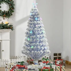 HOMCOM Artificial Fibre Optic Christmas Tree Seasonal Decoration W/ 21 LED Lights Pre-Lit Easy Store 5FT White Blue