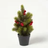 Homescapes Mini Artificial Potted Decorative Christmas Tree With Red Berries, 30 Cm