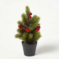 Homescapes Mini Artificial Potted Decorative Christmas Tree With Red Berries, 30 Cm