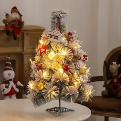 Livingandhome White Mini Pine Needle Flocking Christmas Tree Tabletop Ornament With LED Light
