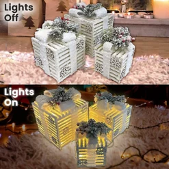 Netagon Set Of 3 Under Christmas Tree Festive Battery Operated LED Light Up Presents Gift Boxes- Frosted White -Outlet Christmas Decor Store netagon set of 3 under christmas tree festive battery operated led light up presents gift boxes frosted white5053985327629 04c MP