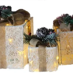 Netagon Set Of 3 Under Christmas Tree Festive Battery Operated LED Light Up Presents Gift Boxes- White & Beige