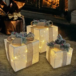 Netagon Set Of 3 Under Christmas Tree Festive Battery Operated LED Light Up Presents Gift Boxes- White & Beige -Outlet Christmas Decor Store netagon set of 3 under christmas tree festive battery operated led light up presents gift boxes white beige5053985327759 04c MP