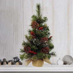 Small Pine Cone & Berries Christmas Tree With Hessian Base, Tabletop Artificial Pine Mini Christmas Tree 45cm/1.5ft