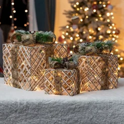 Outlet Christmas Decor Store 28 The Christmas Workshop 70289 Set Of 3 Light-Up Christmas Boxes With 45 LED's & Brown Bow